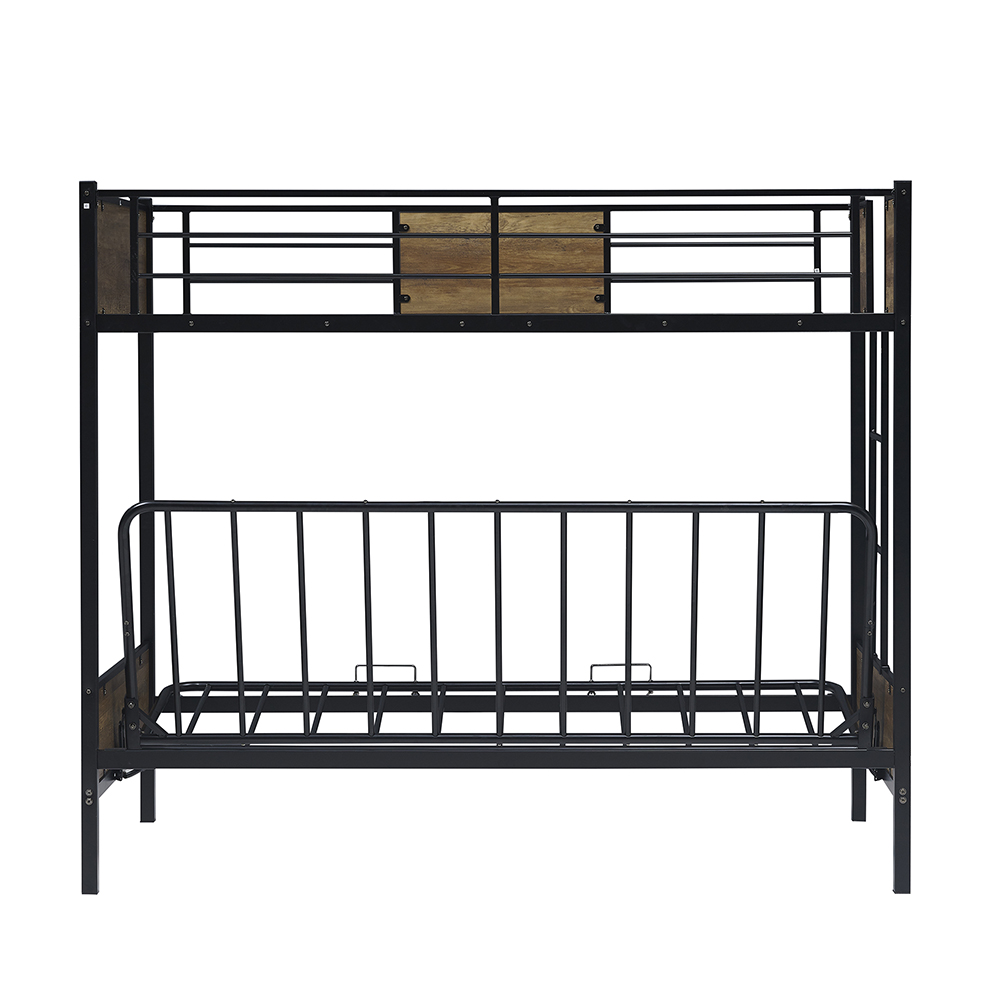 Twin-Over-Futon Size Bunk Bed Frame with Ladder, and Metal Slats Support, No Spring Box Required (Frame Only) - Black