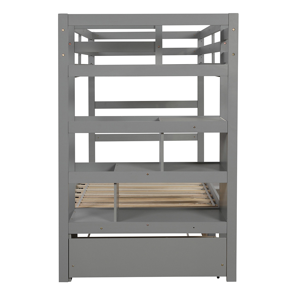 Twin-Over-Twin/King Size Wooden Bunk Bed Frame with Trundle Bed, and Storage Stairs, No Spring Box Required (Frame Only) - Gray