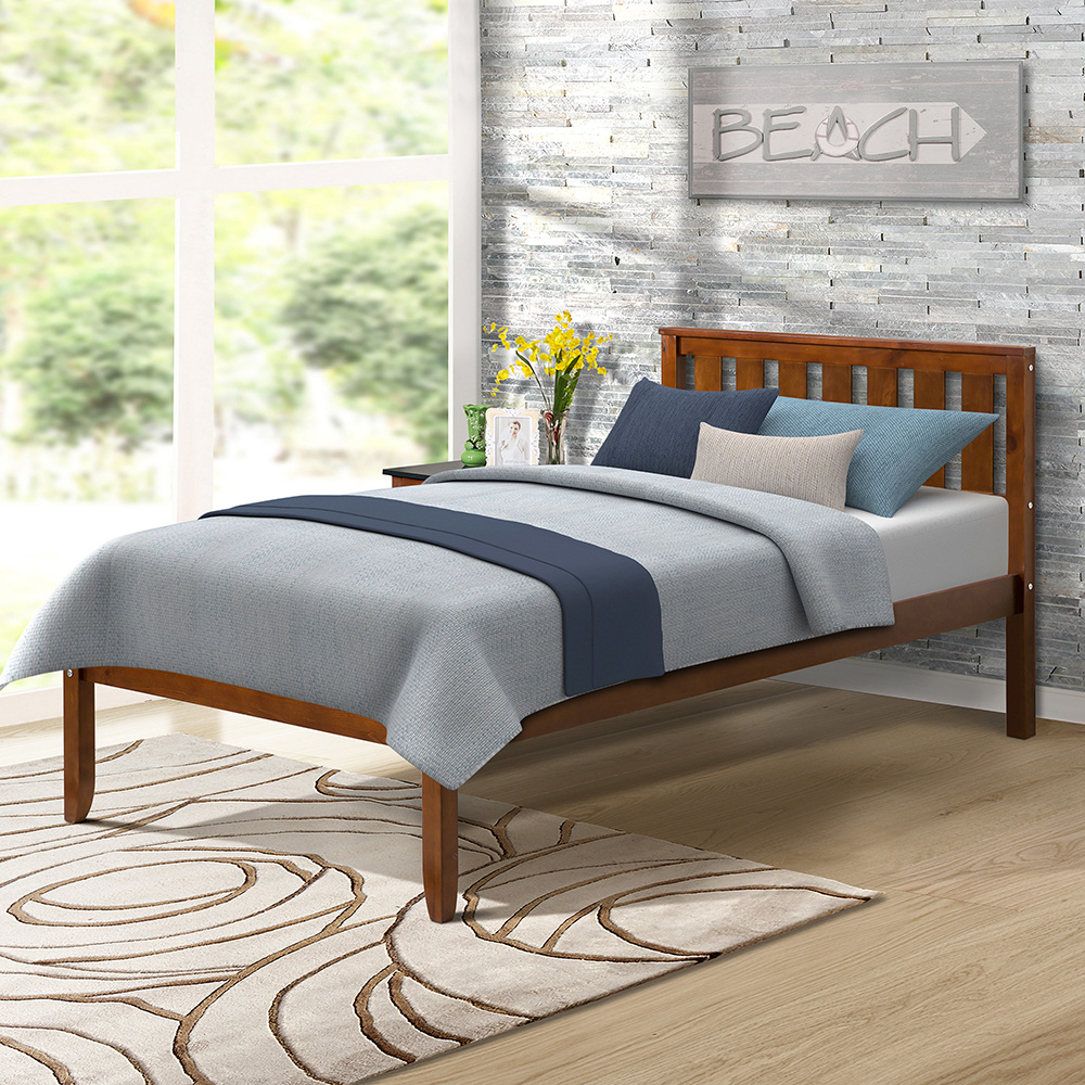 Twin Size Wooden Platform Bed Frame with Headboard, and Wooden Slats Support, No Spring Box Required (Frame Only) - Walnut