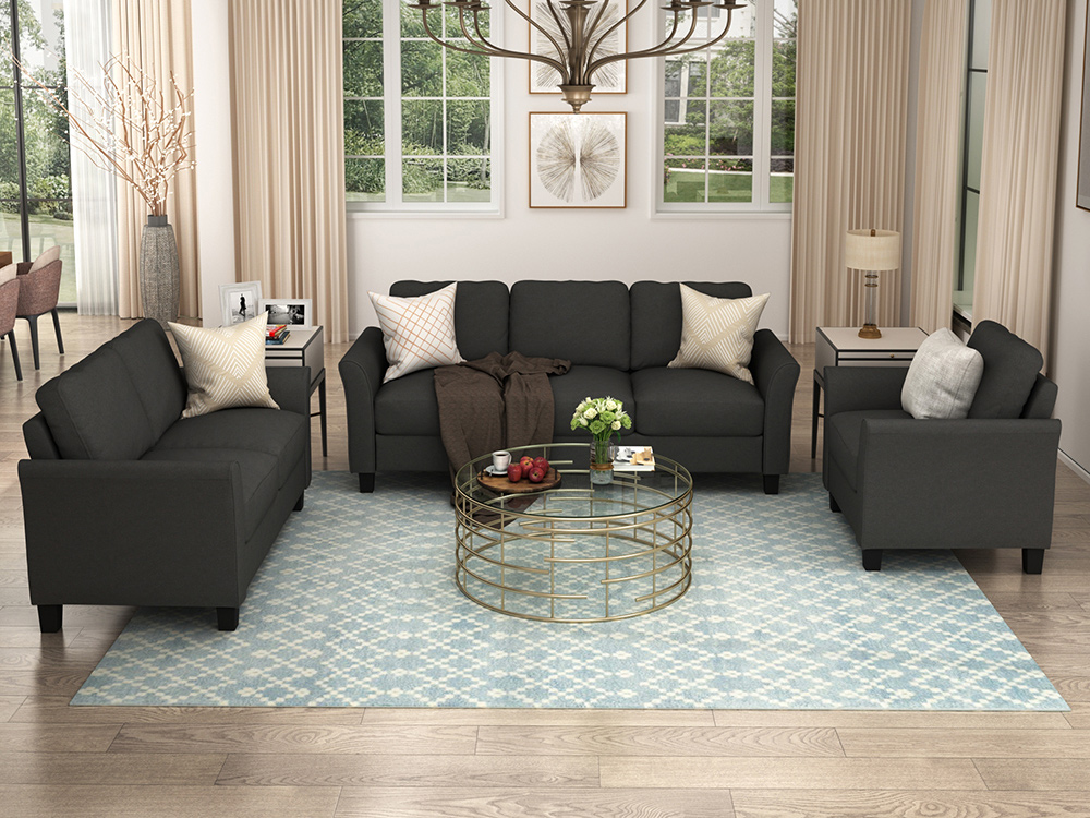 U-STYLE 3+2+1-Seat Polyester Blend Sofa Sofa Set, with Solid Wood Frame and Plastic Feet, for Living Room, Bedroom, Office, Apartment - Black