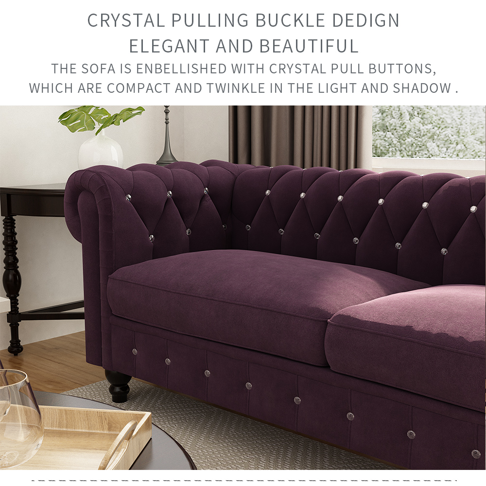 80" 3-seat Velvet Upholstered Sofa with Wooden Legs, Armrests, and Backrest, for Living Room, Bedroom, Office, Apartment - Purple