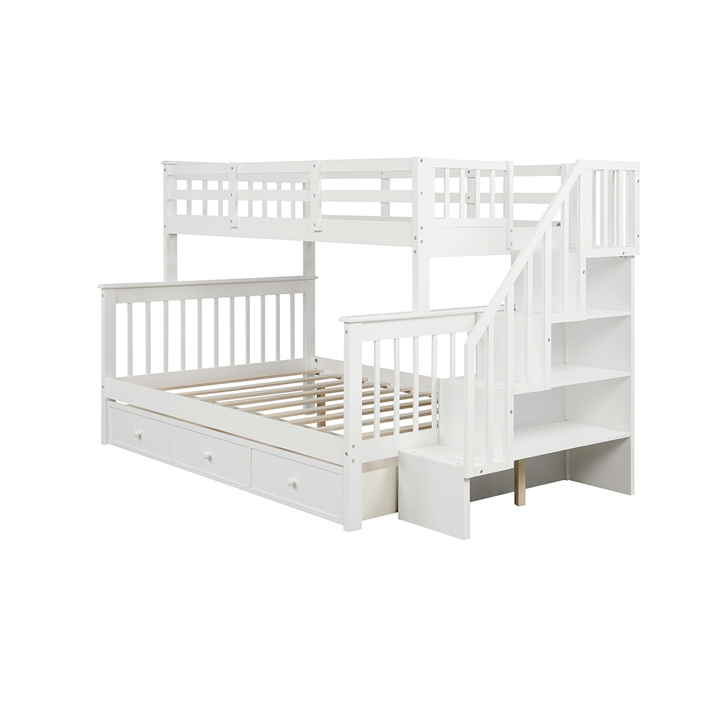Twin-Over-Full Size Stairway Bunk Bed Frame with Storage Drawer, and Wooden Slats Support, No Spring Box Required (Frame Only) - White