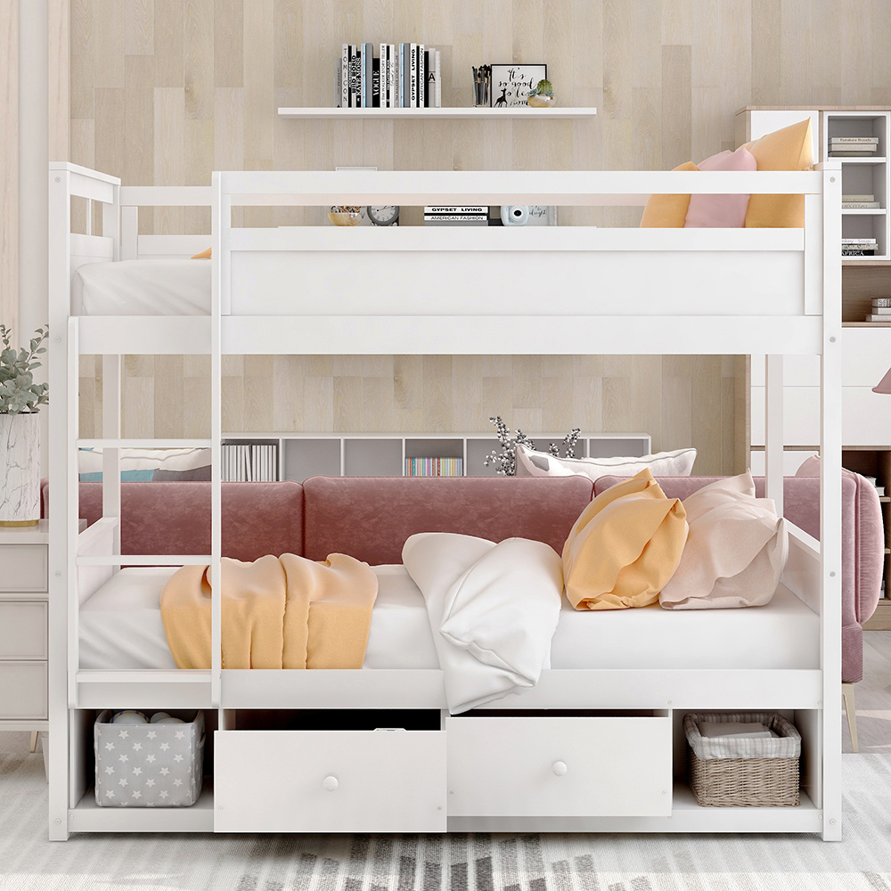 Twin-Over-Twin Size Bunk Bed Frame with 2 Storage Drawers, and Wooden Slats Support, No Spring Box Required (Frame Only) - White