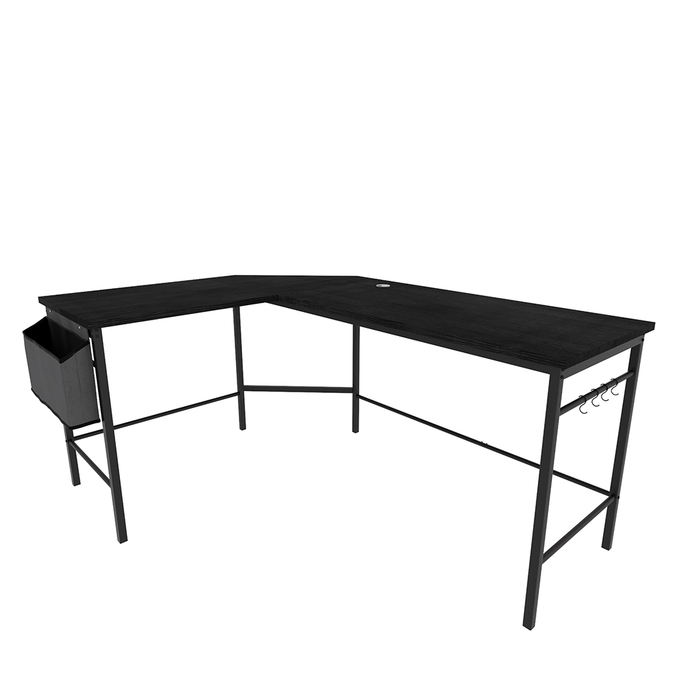 Home Office L-Shaped Computer Desk with Storage Bag, Wooden Tabletop and Metal Frame - Black