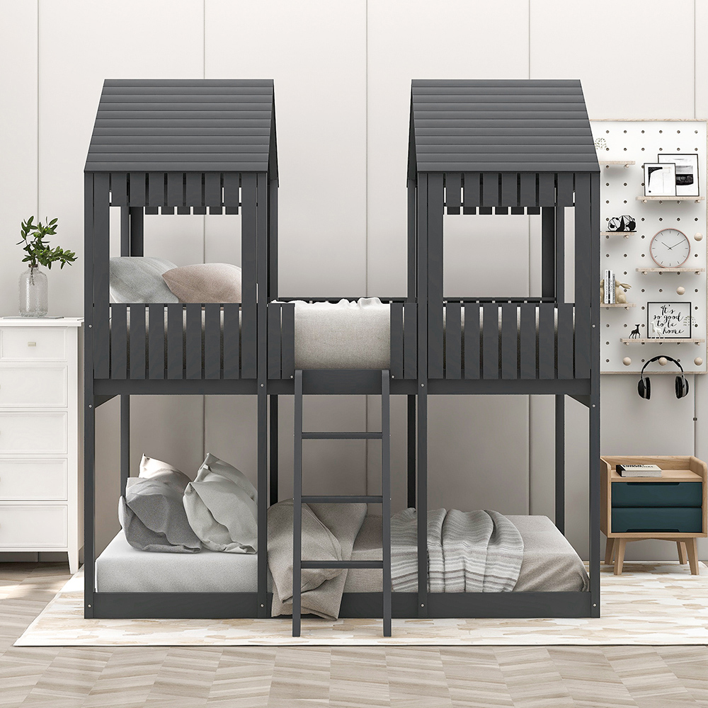 Full-Over-Full Size Bunk Bed Frame with Roof, and Wooden Slats Support, No Spring Box Required (Frame Only) - Gray