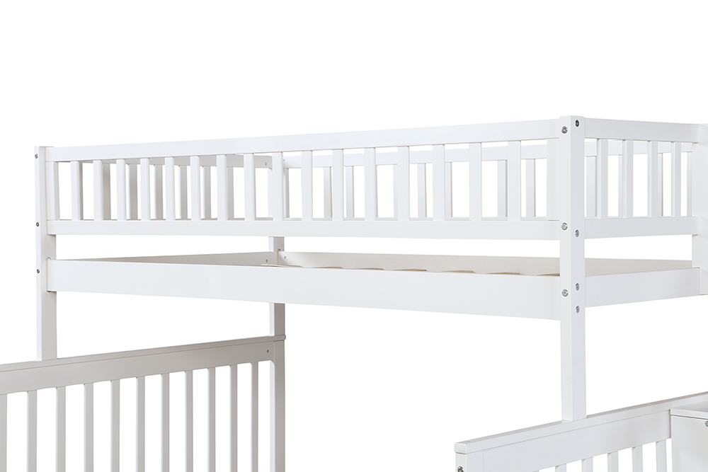 Twin-Over-Full Size Stairway Bunk Bed Frame with Trundle Bed, and Wooden Slats Support, No Spring Box Required (Frame Only) - White