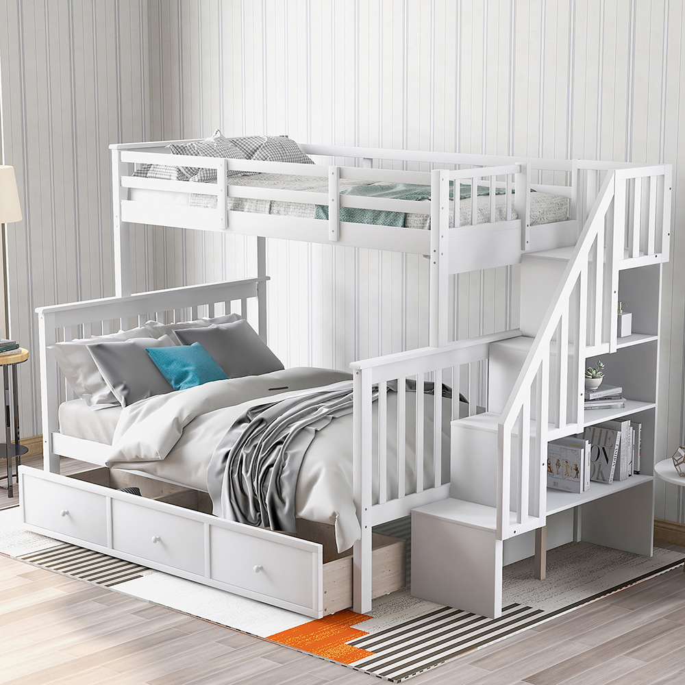 Twin-Over-Full Size Stairway Bunk Bed Frame with Storage Drawer, and Wooden Slats Support, No Spring Box Required (Frame Only) - White