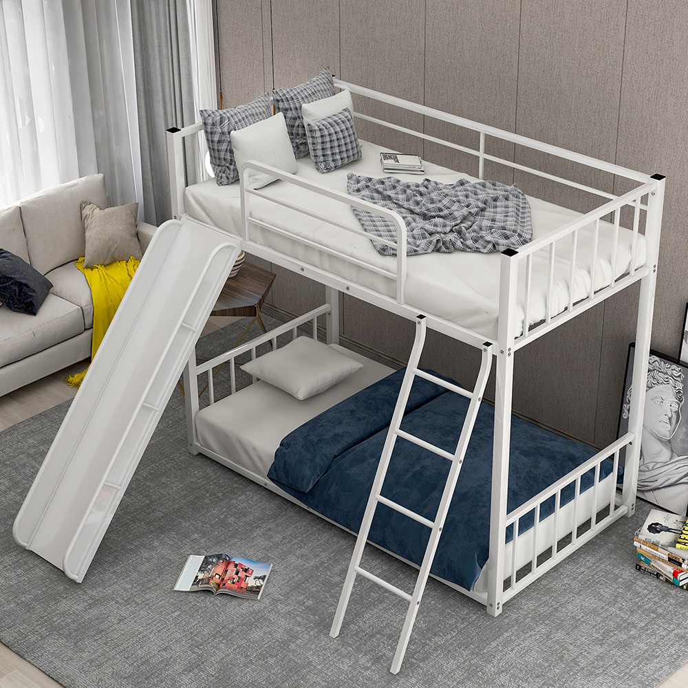 Twin-Over-Twin Size Bunk Bed Frame with Slide, and Metal Slats Support, No Spring Box Required (Frame Only) - White