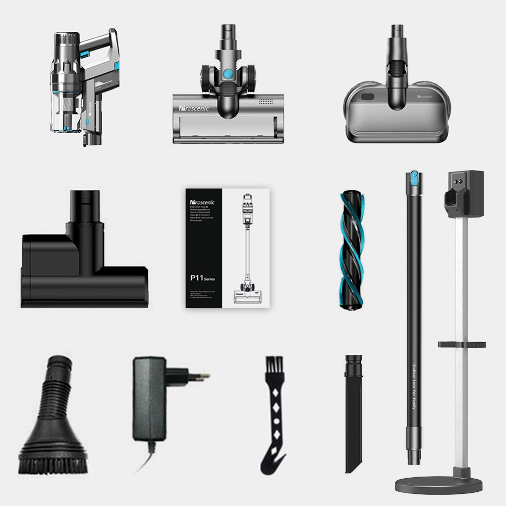 Proscenic P11 Combo Handheld Cordless Vacuum Cleaner With Rotating Mops Double Main Brush Head 25000pa 450W 2 in 1 Vacuuming Mopping, LED Touch Screen, Removable & Rechargeable 2500mAh Battery, Rechargeable Stand Holder - Gray