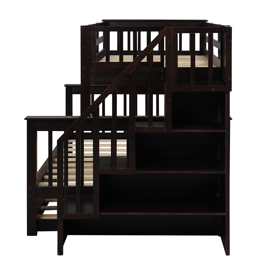 Twin-Over-Full Size Stairway Bunk Bed Frame with Trundle Bed, and Wooden Slats Support, No Spring Box Required (Frame Only) - Espresso