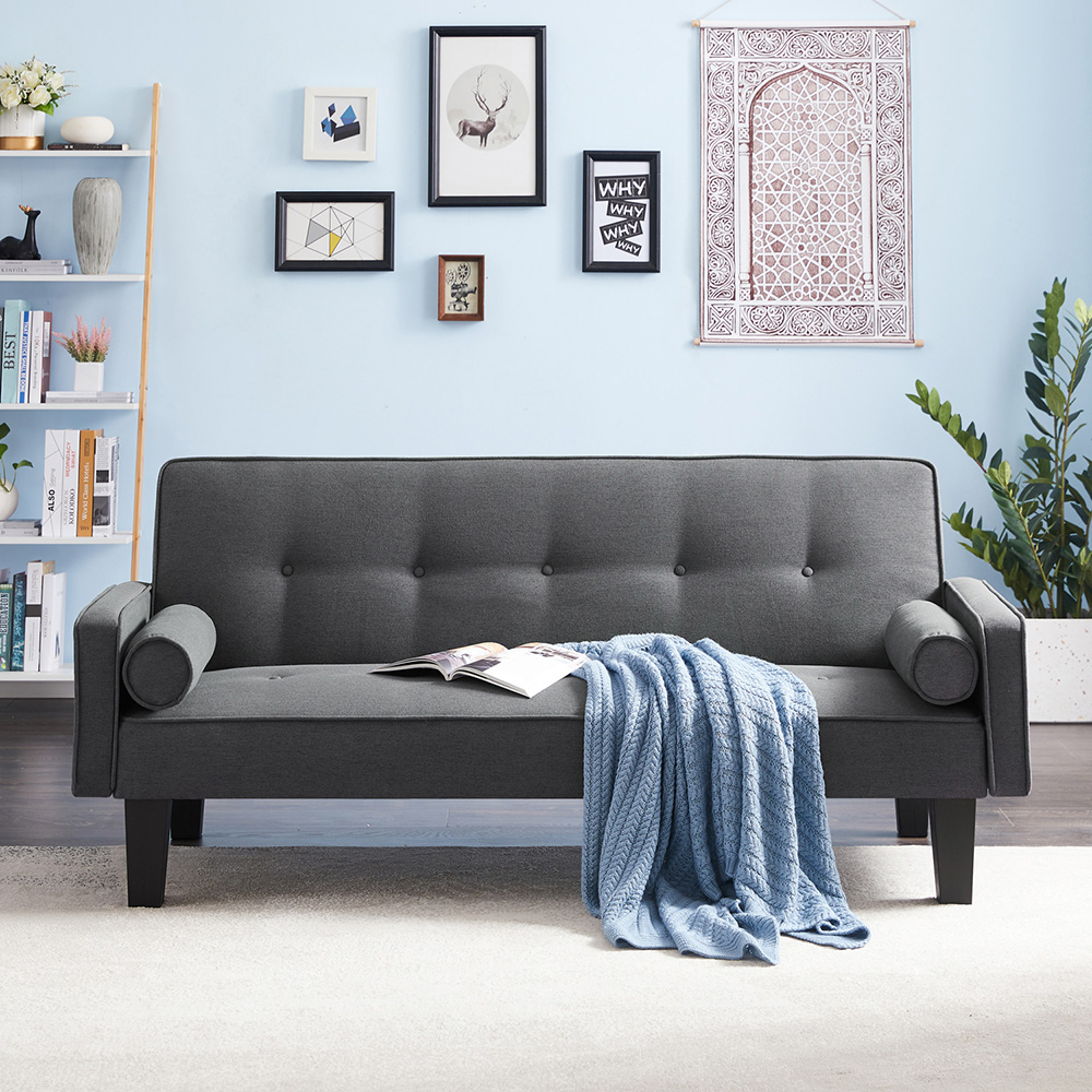 71" Linen Fabric Upholstered Convertible Sofa Bed with 2 Pillows, Removable Armrests, and Adjustable Backrest, for Living Room, Bedroom, Office, Apartment - Dark Gray