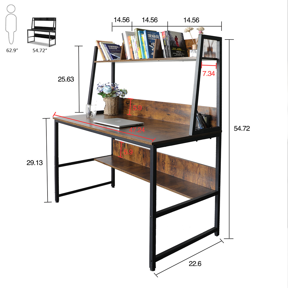 47" Home Office Computer Desk with Storage Shelves, Wooden Tabletop and Metal Legs - Walnut