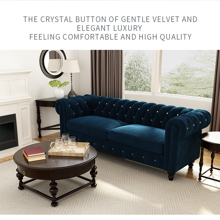 80" 3-seat Velvet Upholstered Sofa with Wooden Legs, Armrests, and Backrest, for Living Room, Bedroom, Office, Apartment - Blue