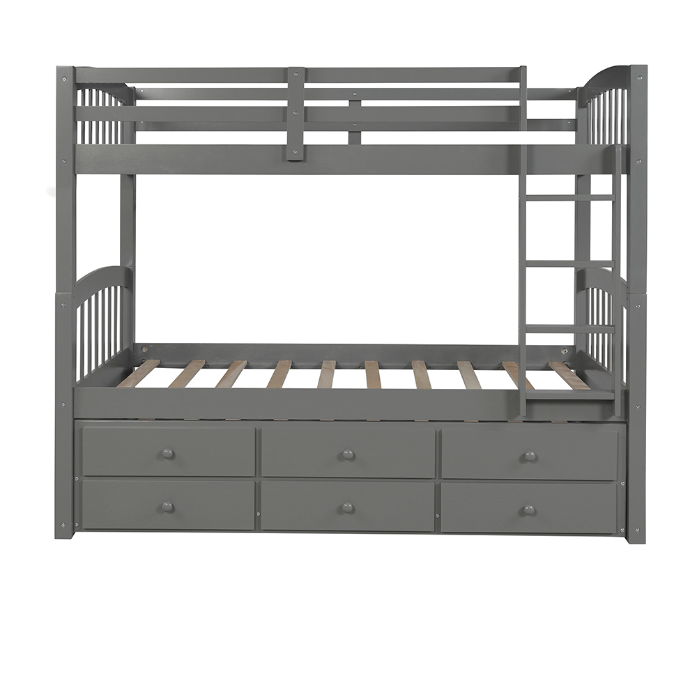 Twin-Over-Twin Size Bunk Bed Frame with Trundle Bed, and 3 Storage Drawers, No Spring Box Required (Frame Only) - Gray