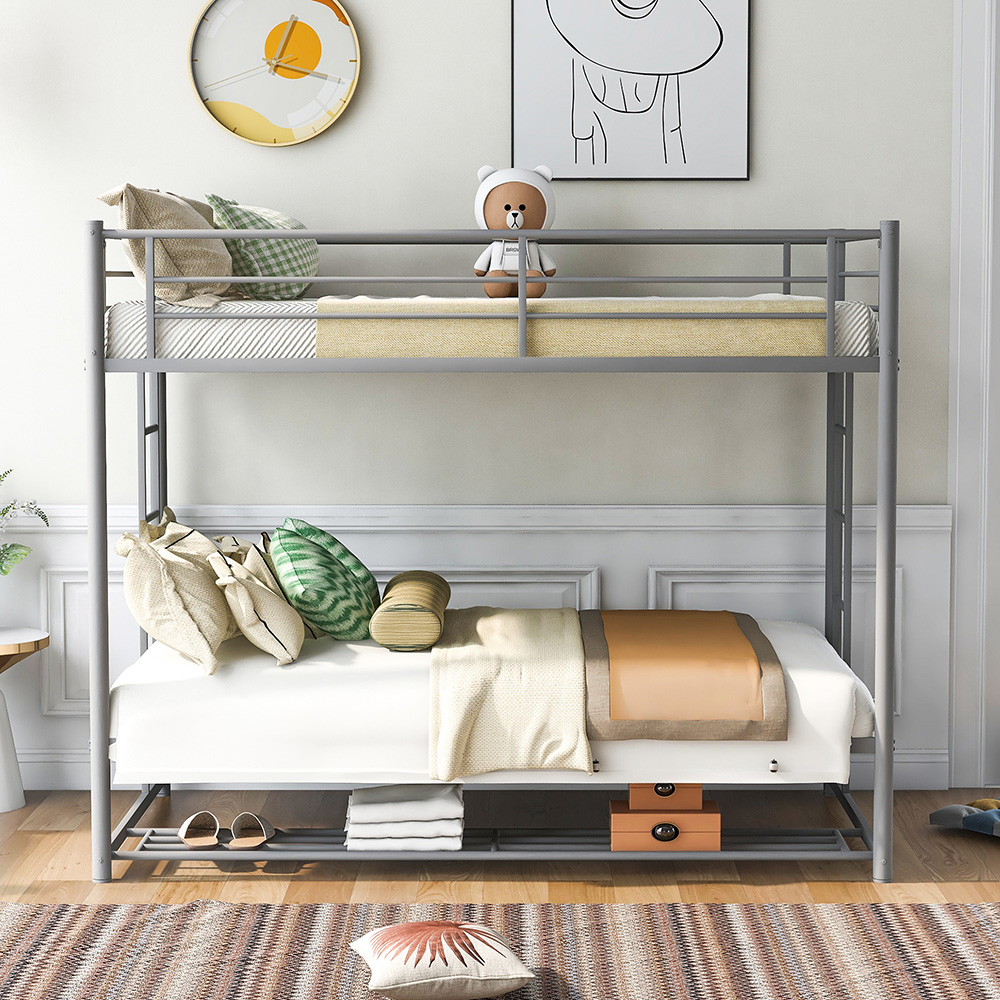 Twin-Over-Twin Size Metal Bunk Bed Frame with Ladder and Storage Bottom Shelf, No Spring Box Required (Frame Only) - Gray