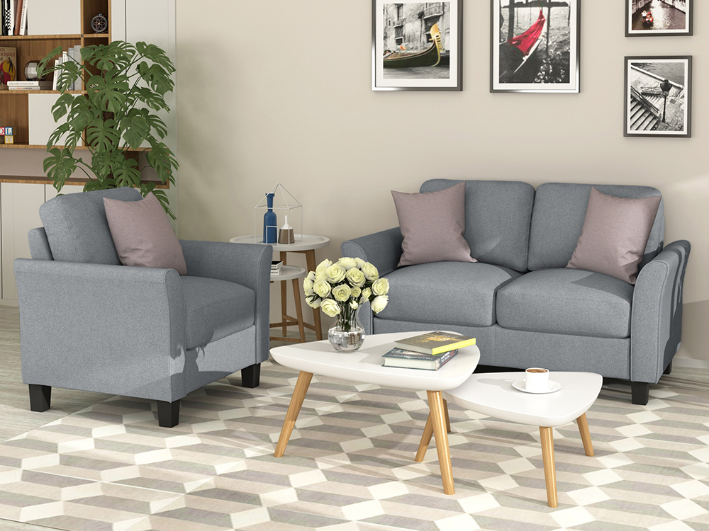 1+2-Seat Linen Upholstered Sofa with Wooden Frame, for Living Room, Bedroom, Office, Apartment - Dark Gray