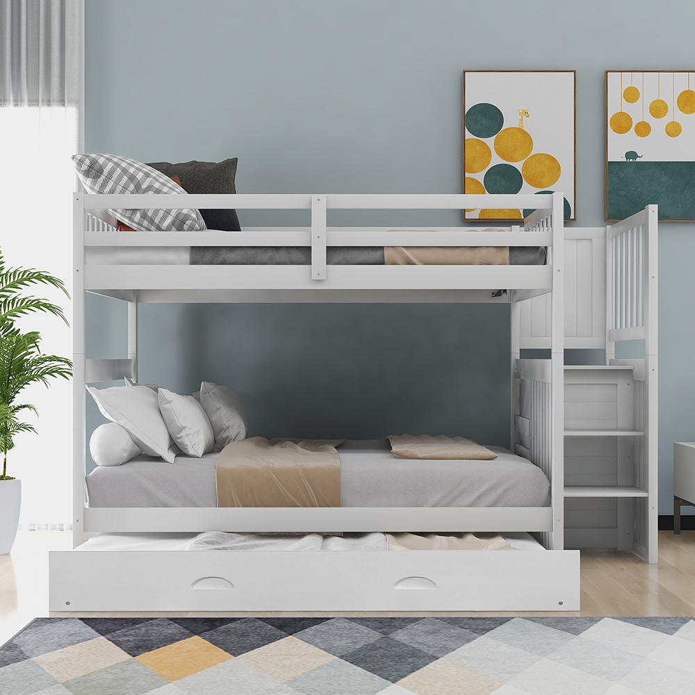 Full-Over-Full Size Bunk Bed Frame with Trundle Bed, Storage Stairs, and Wooden Slats Support, No Spring Box Required (Frame Only) - White