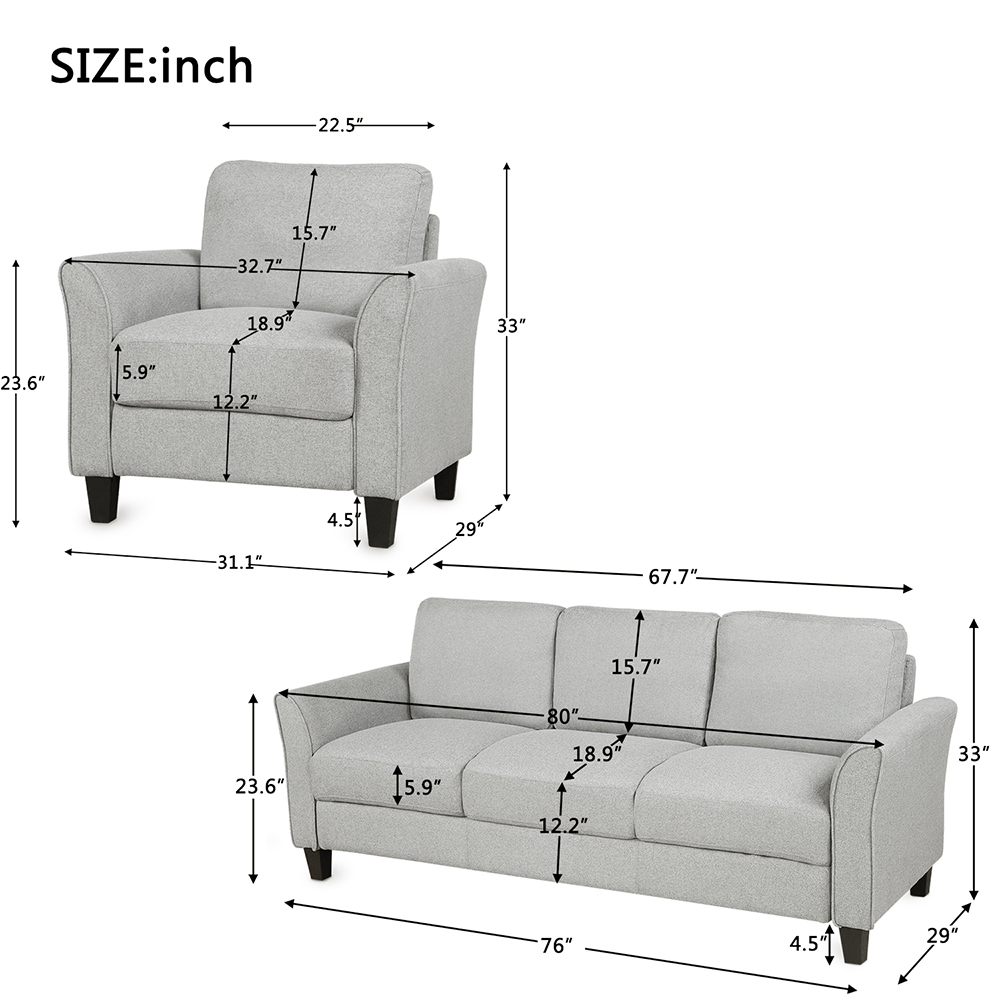 1+3-Seat Linen Upholstered Sofa with Wooden Frame, for Living Room, Bedroom, Office, Apartment - Light Gray