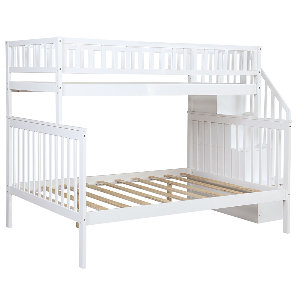 Twin-Over-Full Size Stairway Bunk Bed Frame with Trundle Bed, and Wooden Slats Support, No Spring Box Required (Frame Only) - White