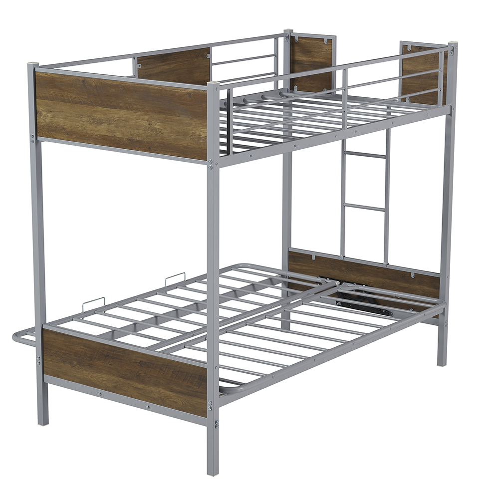 Twin-Over-Futon Size Bunk Bed Frame with Ladder, and Metal Slats Support, No Spring Box Required (Frame Only) - Gray