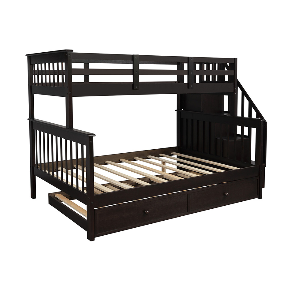 Twin-Over-Full Size Stairway Bunk Bed Frame with Trundle Bed, and Wooden Slats Support, No Spring Box Required (Frame Only) - Espresso