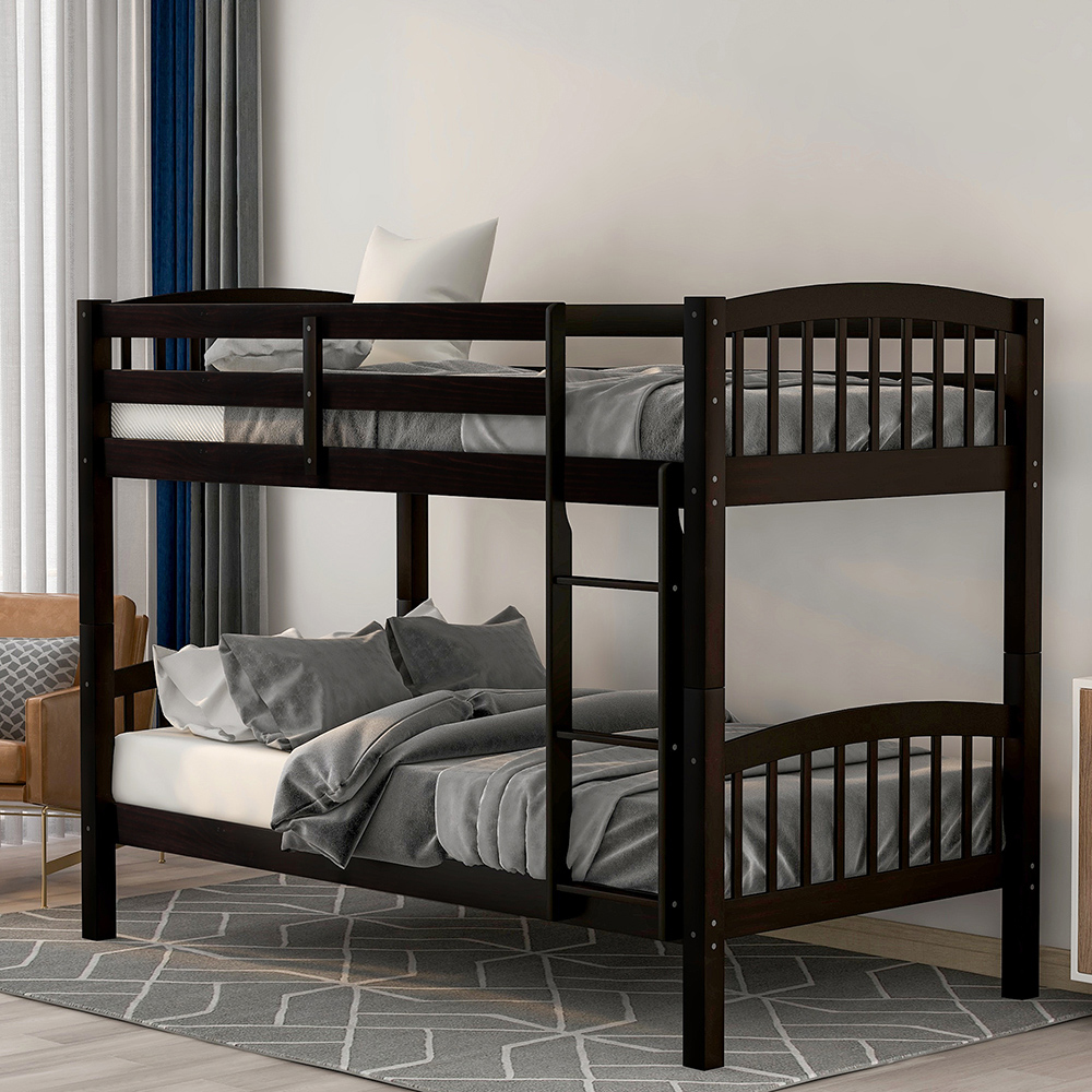 Twin-Over-Twin Size Bunk Bed Frame with Ladder, and Wooden Slats Support, No Spring Box Required (Frame Only) - Espresso
