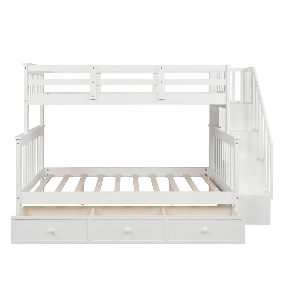 Twin-Over-Full Size Stairway Bunk Bed Frame with Storage Drawer, and Wooden Slats Support, No Spring Box Required (Frame Only) - White