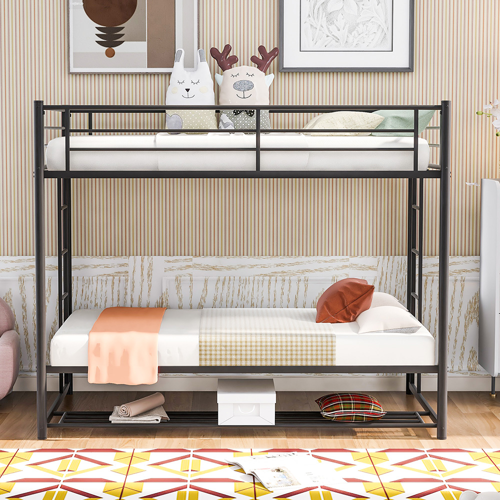 Twin-Over-Twin Size Metal Bunk Bed Frame with Ladder and Storage Bottom Shelf, No Spring Box Required (Frame Only) - Black
