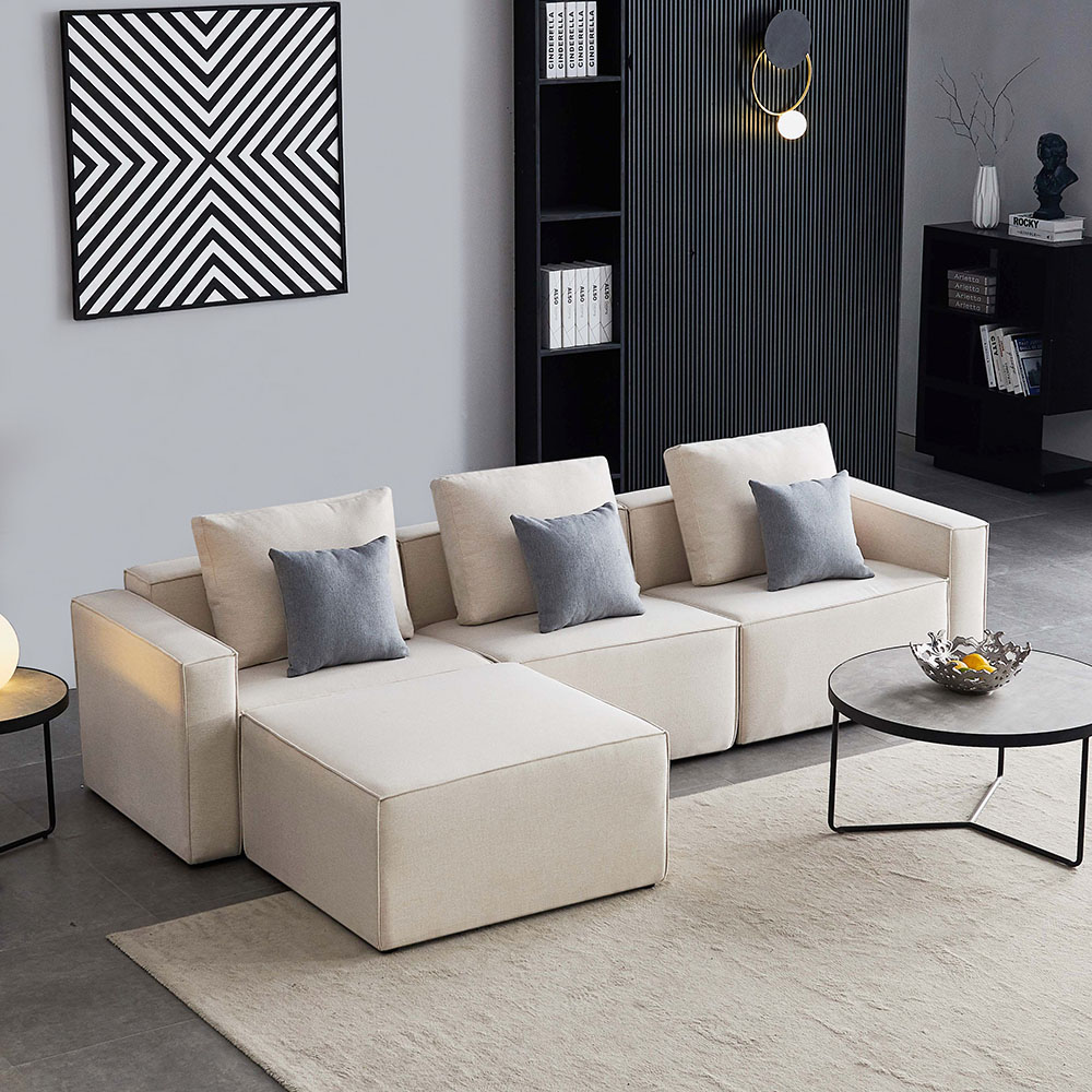 108" 3-Seat Linen Upholstered Sectional Sofa with Ottoman and Wooden Frame, for Living Room, Bedroom, Office, Apartment - Beige