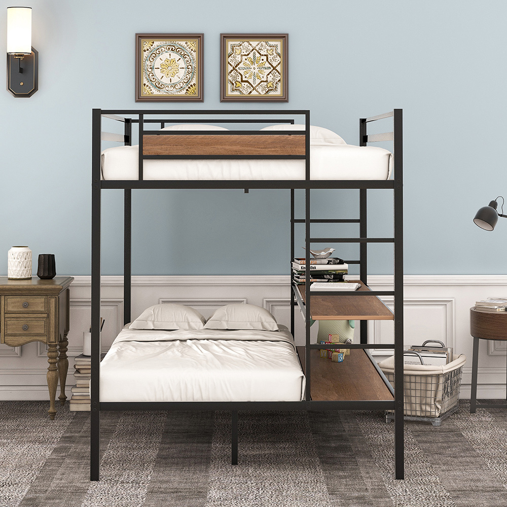 Full-Over-Twin/Full Size Bunk Bed Frame with Storage Shelves, and Metal Slats Support, No Spring Box Required (Frame Only) - Black