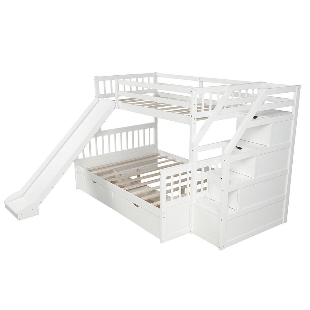 Twin-Over-Full Size Bunk Bed Frame with 2 Drawers, Storage Stairs, and Wooden Slats Support, No Spring Box Required (Frame Only) - White