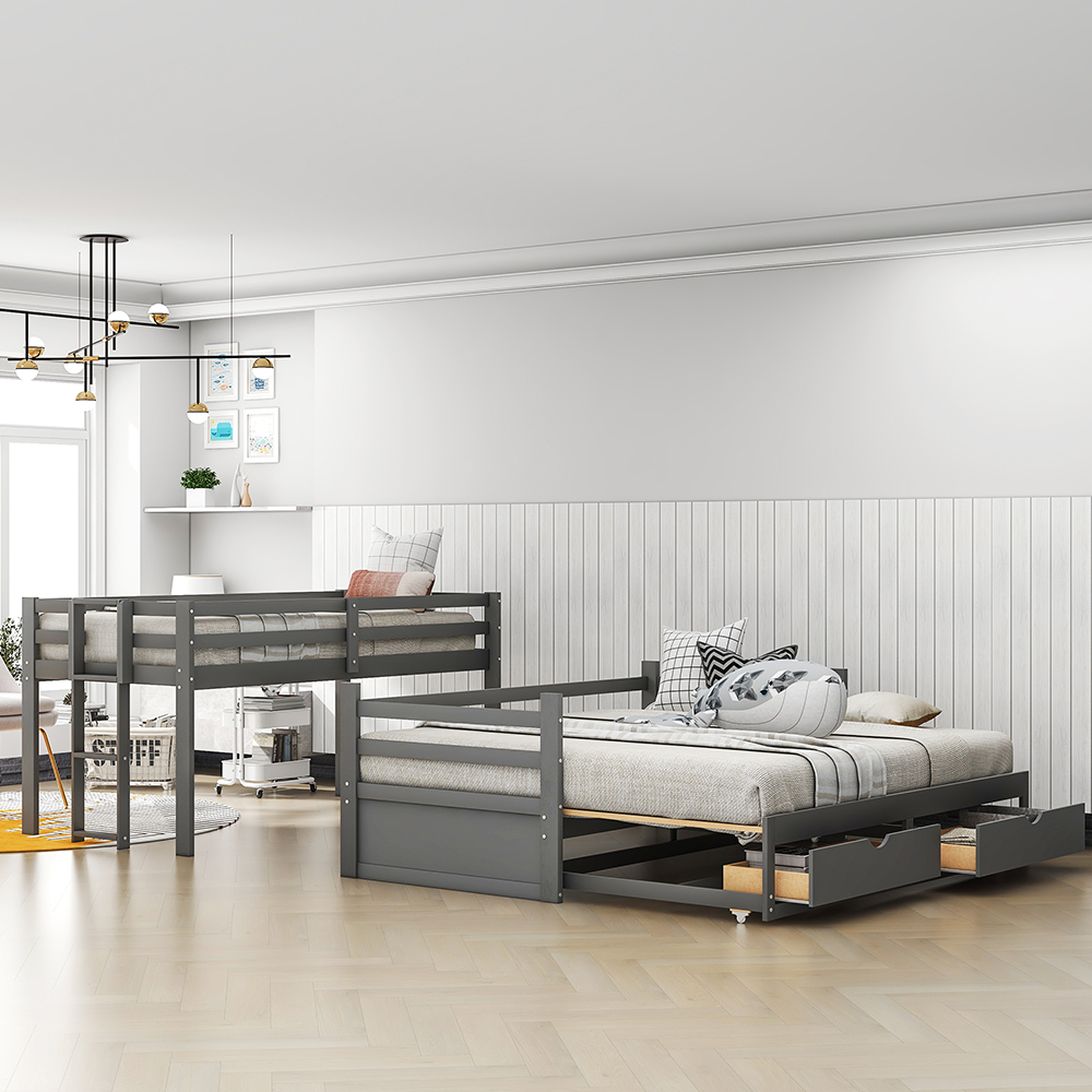Twin-Over-Twin/Full/King Size Bunk Bed Frame with 2 Storage Drawers, and Wooden Slats Support, No Spring Box Required (Frame Only) - Gray