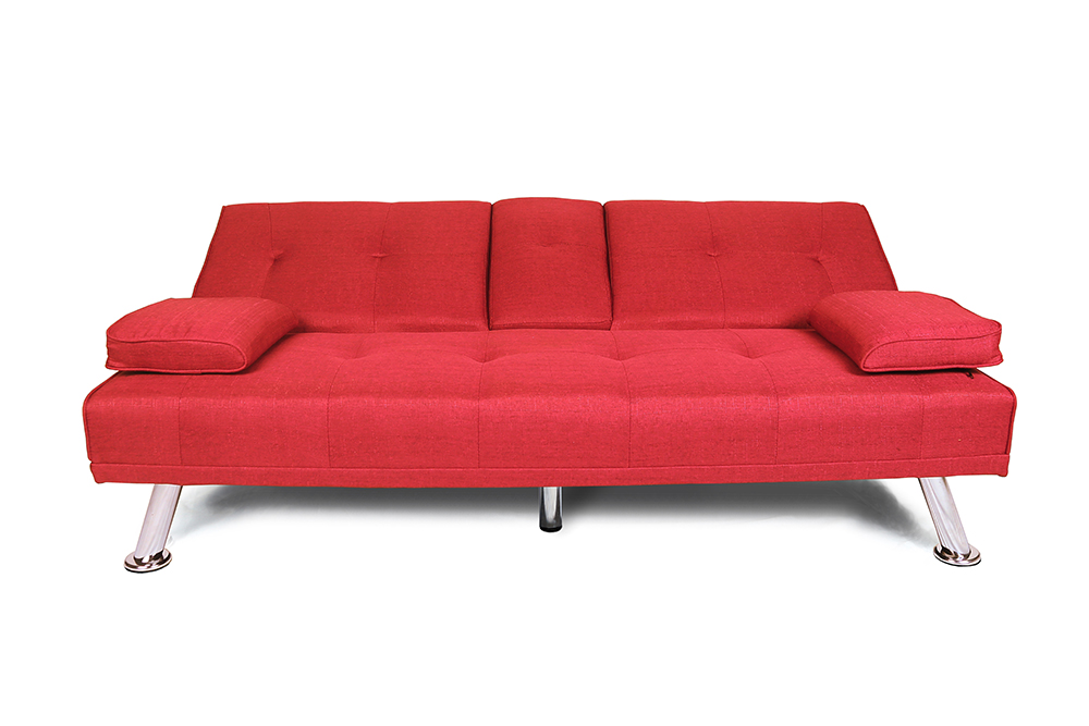 66" Linen Blend Upholstered Sofa Bed, with 2 Cup Holders, Adjustable Backrest and Solid Wood Frame, for Living Room, Bedroom, Office, Apartment - Red