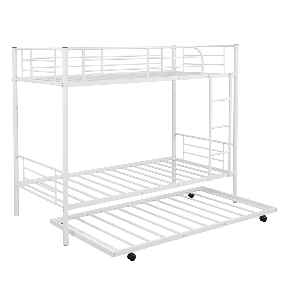 Twin-Over-Twin Size Bunk Bed Frame with Trundle Bed, and Metal Slats Support, No Spring Box Required (Frame Only) - White
