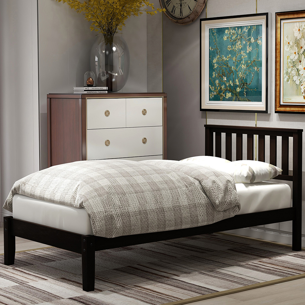 Twin Size Wooden Platform Bed Frame with Headboard, and Wooden Slats Support, No Spring Box Required (Frame Only) - Espresso