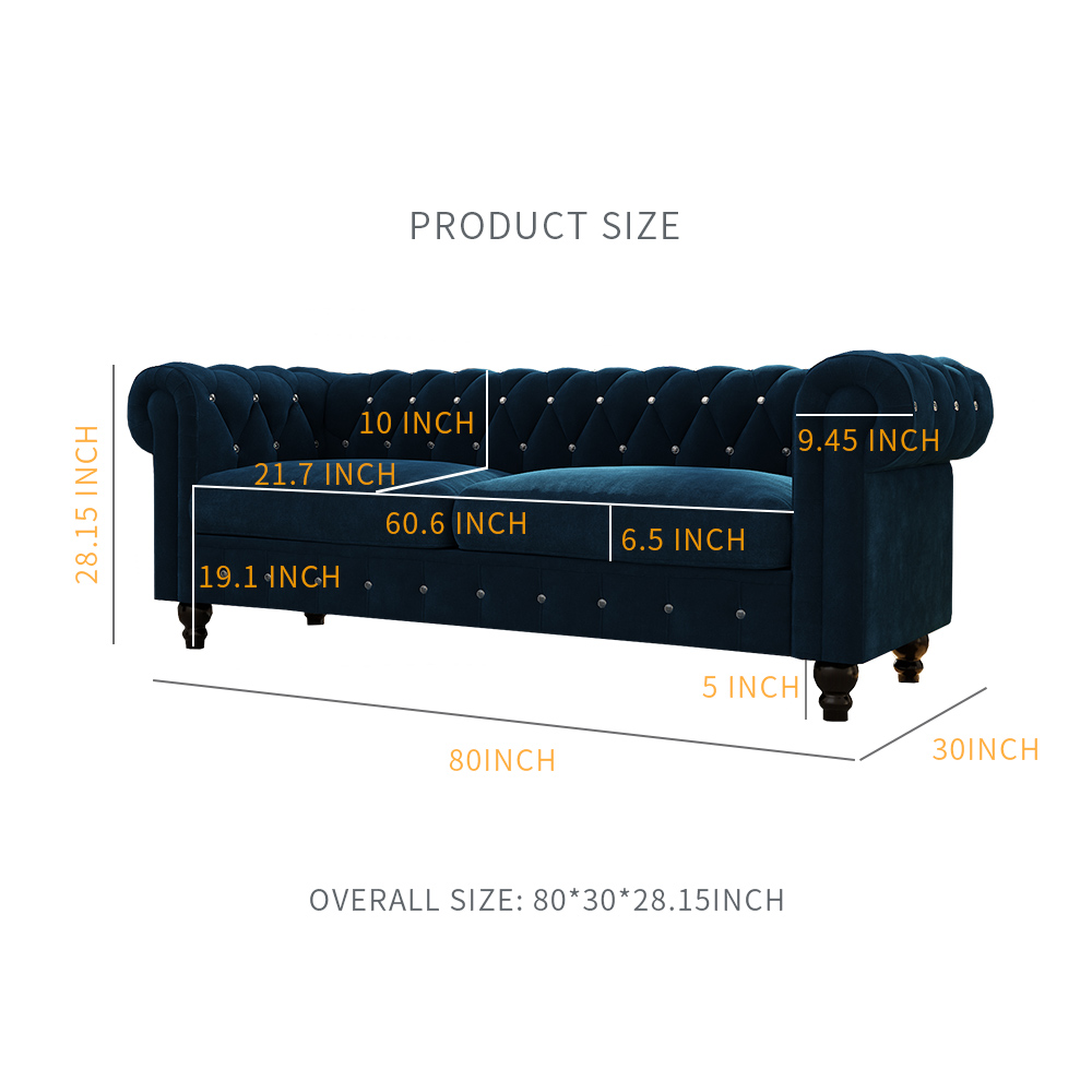80" 3-seat Velvet Upholstered Sofa with Wooden Legs, Armrests, and Backrest, for Living Room, Bedroom, Office, Apartment - Blue