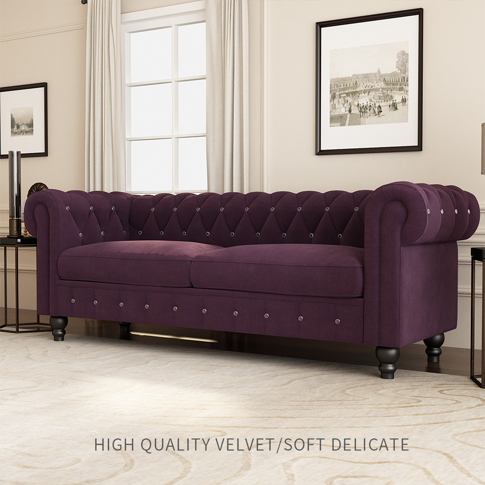 80" 3-seat Velvet Upholstered Sofa with Wooden Legs, Armrests, and Backrest, for Living Room, Bedroom, Office, Apartment - Purple