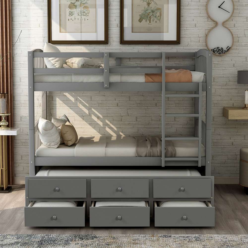 Twin-Over-Twin Size Bunk Bed Frame with Trundle Bed, and 3 Storage Drawers, No Spring Box Required (Frame Only) - Gray