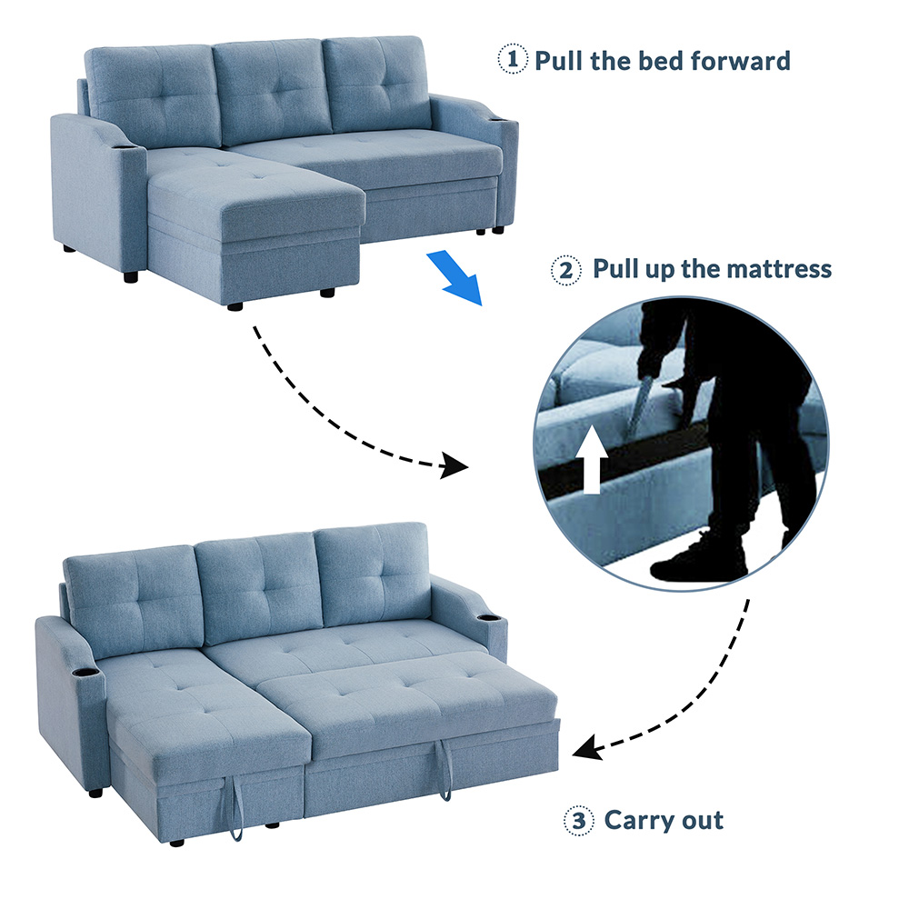Orisfur 81" Linen Upholstered Sofa Bed with Storage Chaise and 2 Cup Holders, for Living Room, Bedroom, Office, Apartment - Gray