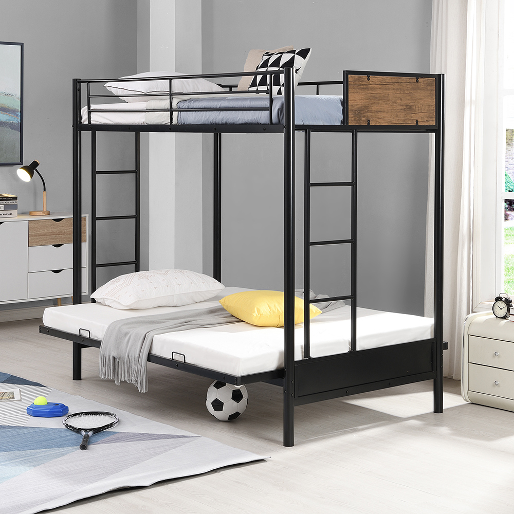 Twin-Over-Full Size Rustic Style Bunk Bed Frame with Ladder, and Metal Slats Support, No Spring Box Required (Frame Only) - Black