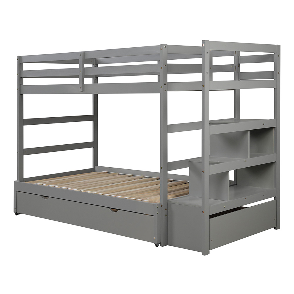Twin-Over-Twin/King Size Wooden Bunk Bed Frame with Trundle Bed, and Storage Stairs, No Spring Box Required (Frame Only) - Gray