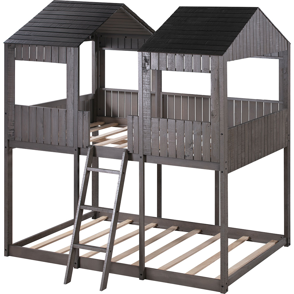 Full-Over-Full Size Bunk Bed Frame with Roof, and Wooden Slats Support, No Spring Box Required (Frame Only) - Antique Gray