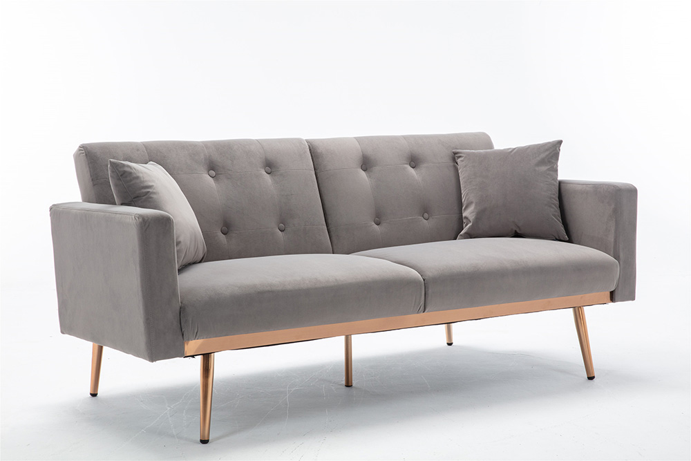 COOLMORE 2-Seat Velvet Upholstered Sofa Bed with Metal Feet, and Adjustable Backrest, for Living Room, Bedroom, Office, Apartment - Gray