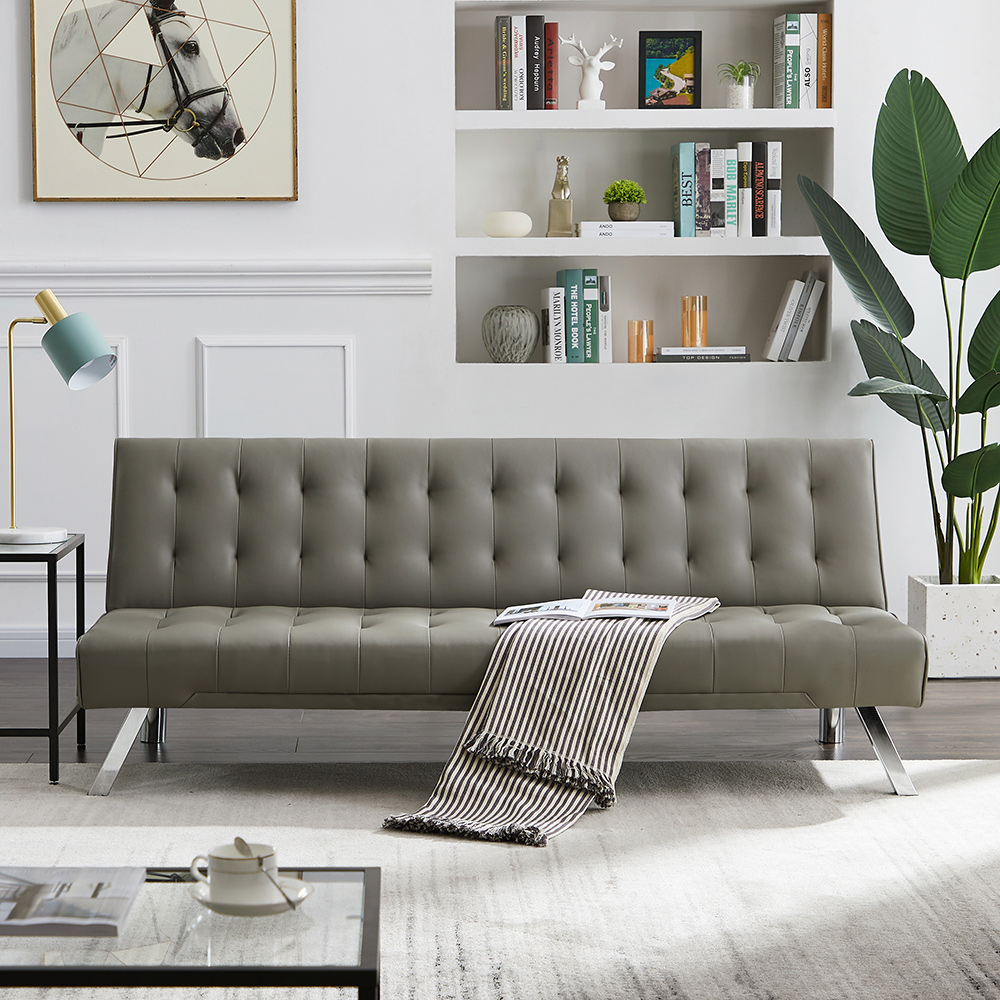 2-Seat PU Leather Armless Sofa Bed with Solid Wood Frame and Metal Legs, for Living Room, Bedroom, Office, Apartment - Gray