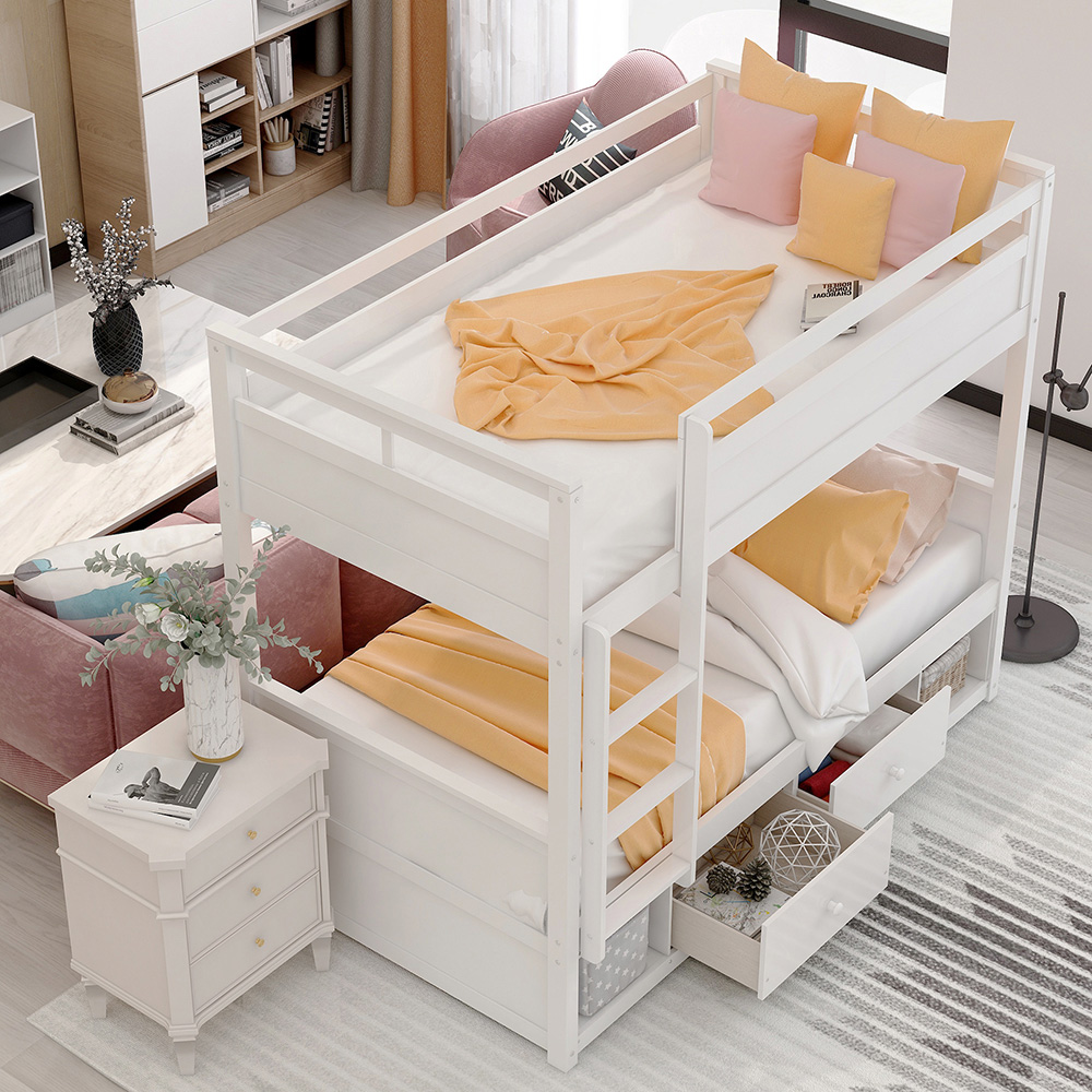 Twin-Over-Twin Size Bunk Bed Frame with 2 Storage Drawers, and Wooden Slats Support, No Spring Box Required (Frame Only) - White