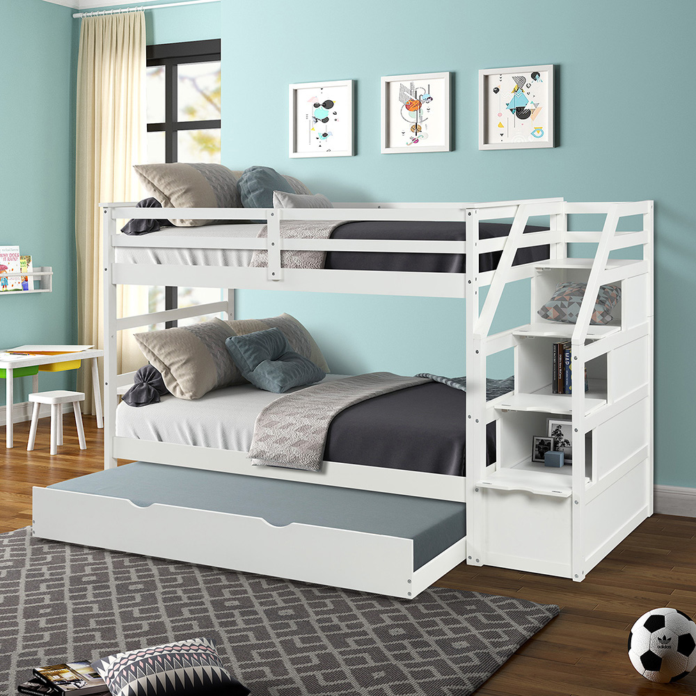 Twin-Over-Twin Size Bunk Bed Frame with Trundle Bed, and 3 Storage Stairs, No Spring Box Required (Frame Only) - White