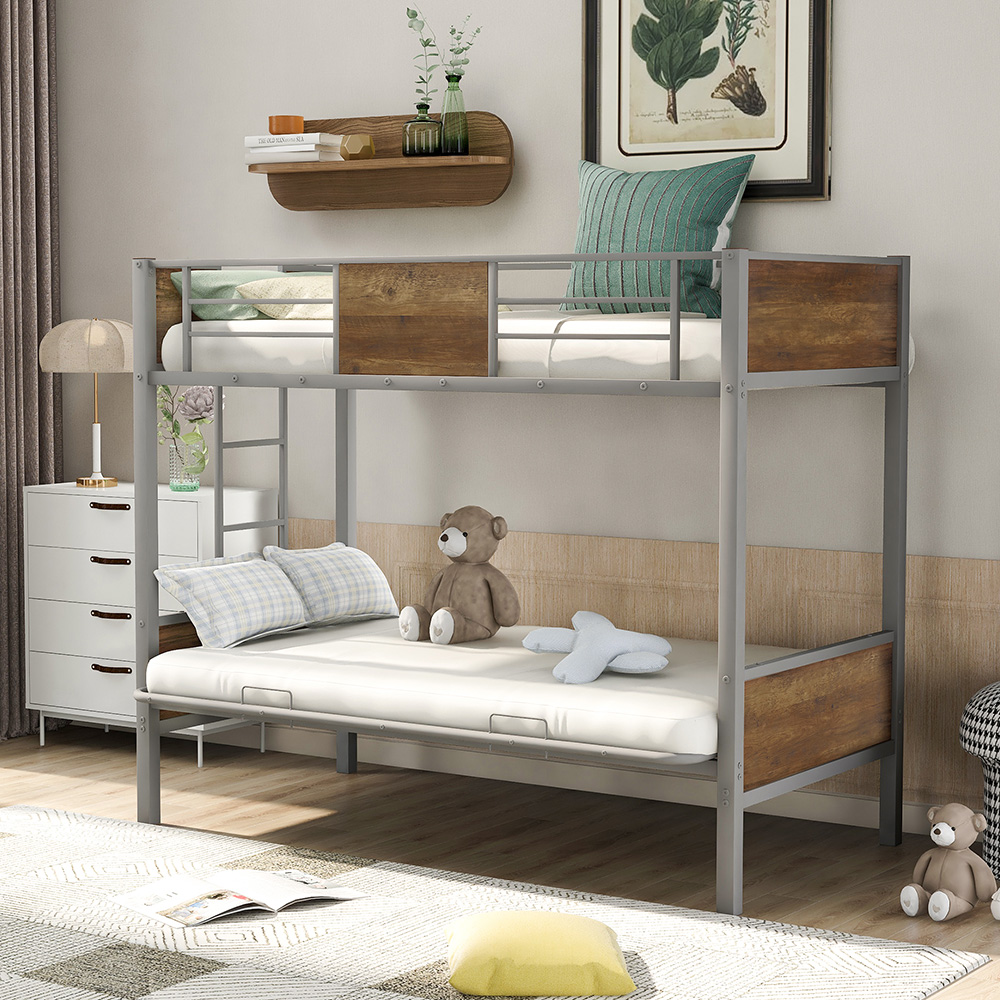 Twin-Over-Futon Size Bunk Bed Frame with Ladder, and Metal Slats Support, No Spring Box Required (Frame Only) - Gray