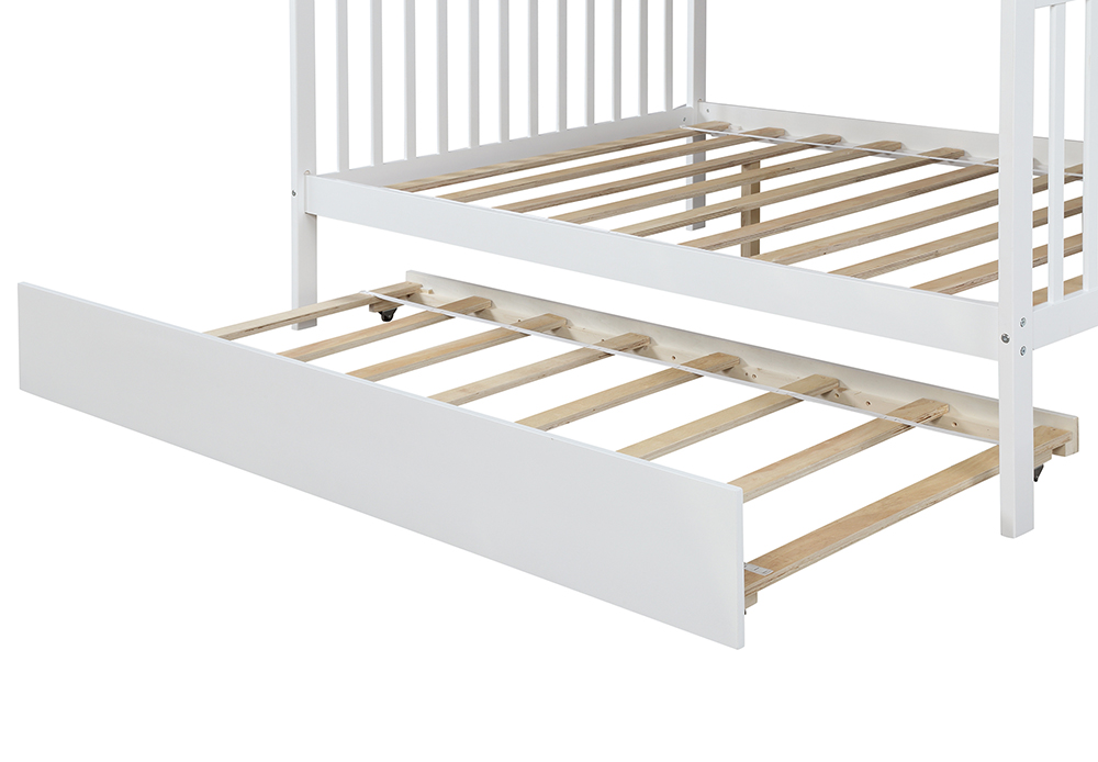Twin-Over-Full Size Stairway Bunk Bed Frame with Trundle Bed, and Wooden Slats Support, No Spring Box Required (Frame Only) - White