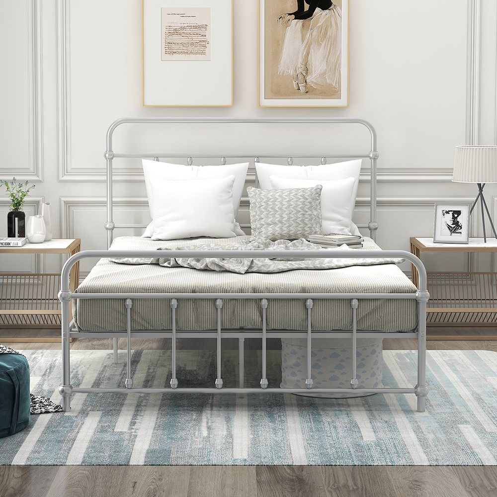 Full Size Metal Platform Bed Frame with Headboard, Footboard, and Iron Slats Support, No Spring Box Required (Frame Only) - Silver