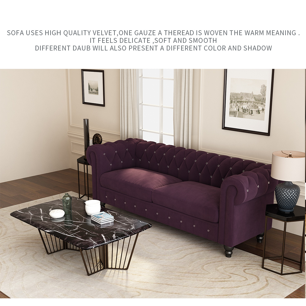 80" 3-seat Velvet Upholstered Sofa with Wooden Legs, Armrests, and Backrest, for Living Room, Bedroom, Office, Apartment - Purple